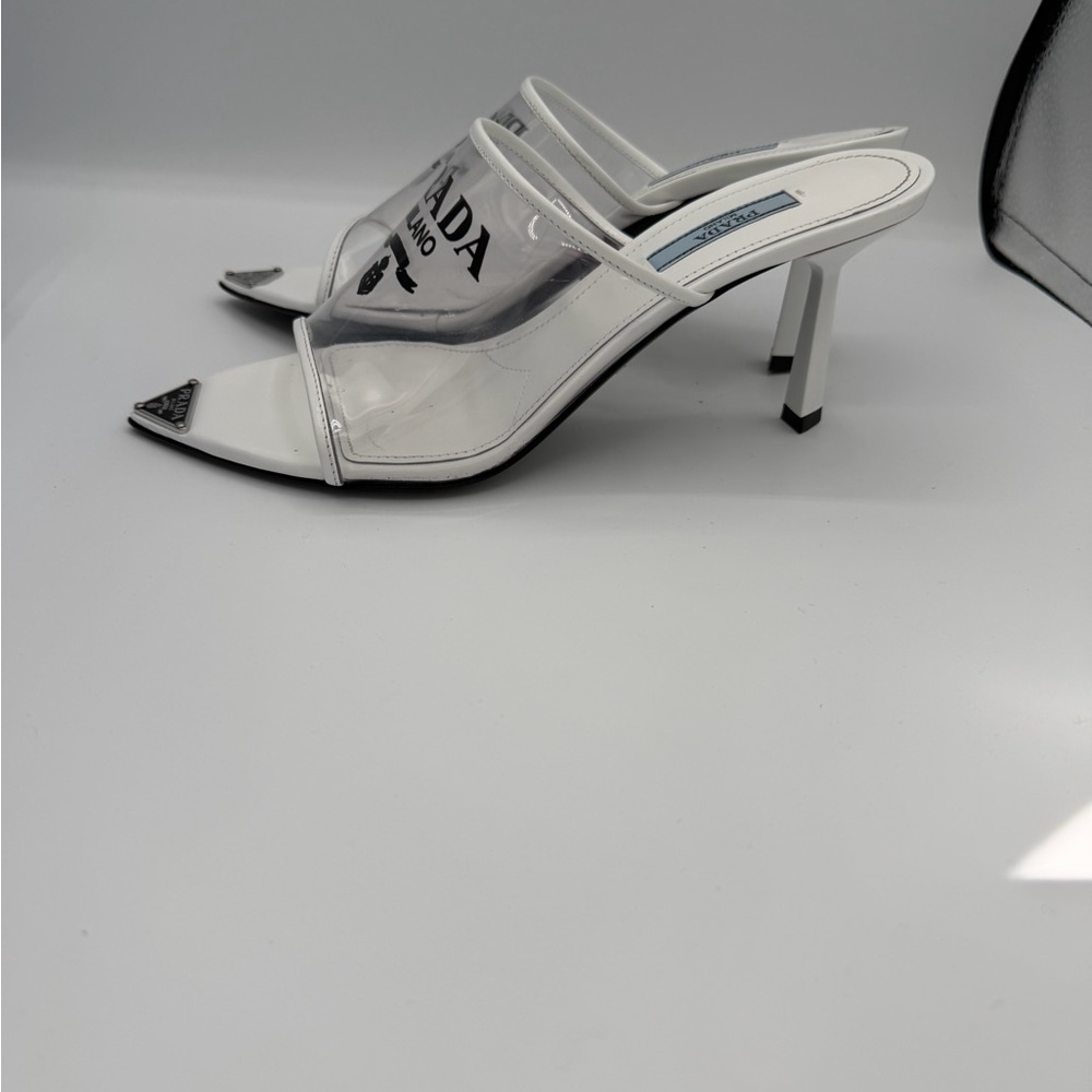 Prada Clear PVC Logo Mule Heels White Pointed Toe Size 38 Italy - Picture 6 of 9